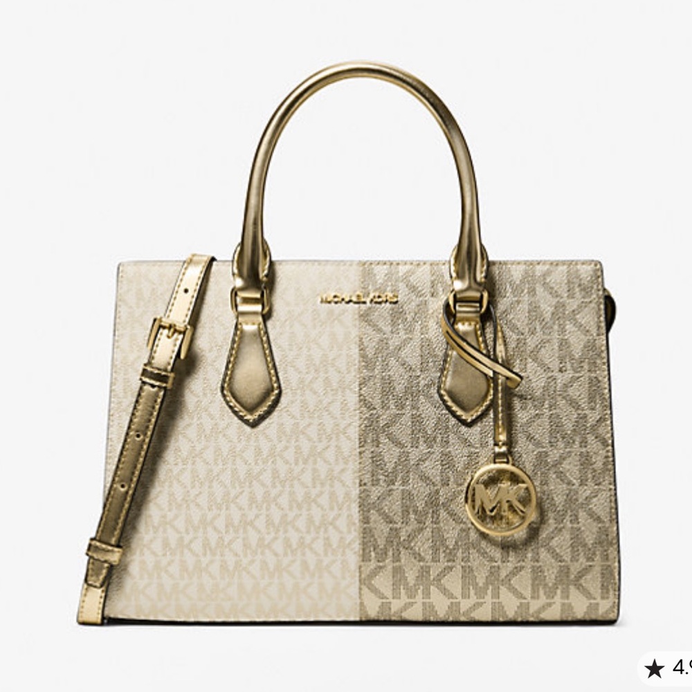 MICHAEL KORS Sheila Md Two-Tone Metallic Signature Logo Satchel
Pale Gold 
NWT